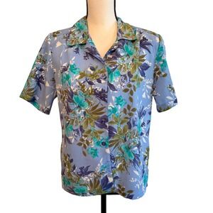 Donn Kenny Blouse Women's Small Petite Blue Short Sleeve Button Up Cutesy Floral